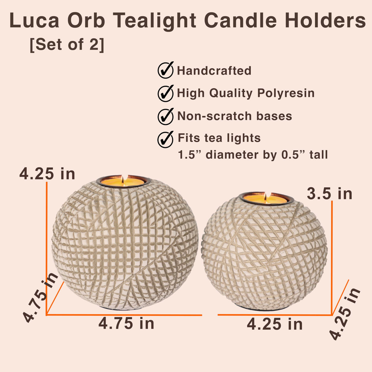 Luca Orb Tea Light Candle Holders (Gift Boxed Set of 2) Grid Pattern, Beige and White