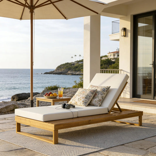 Merax Teak Finish Acacia Wood Chaise Lounge with 4-Inch Cream 3-Fold Water-Resistant Cushion Set, 4-Position Adjustable Outdoor Patio Lounger with Flat Side Surface, for Poolside