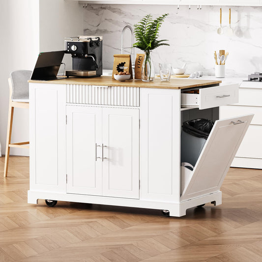 Ball & Cast Fluted Kitchen Island with Trash Can Storage Cabinet,Power Outlet,Internal Storage Rack,Rolling Kitchen Islands On 5 Wheels W/ 3 Drawer & 3 Open Side Racks for 10 Gallon Garbage Bin,White