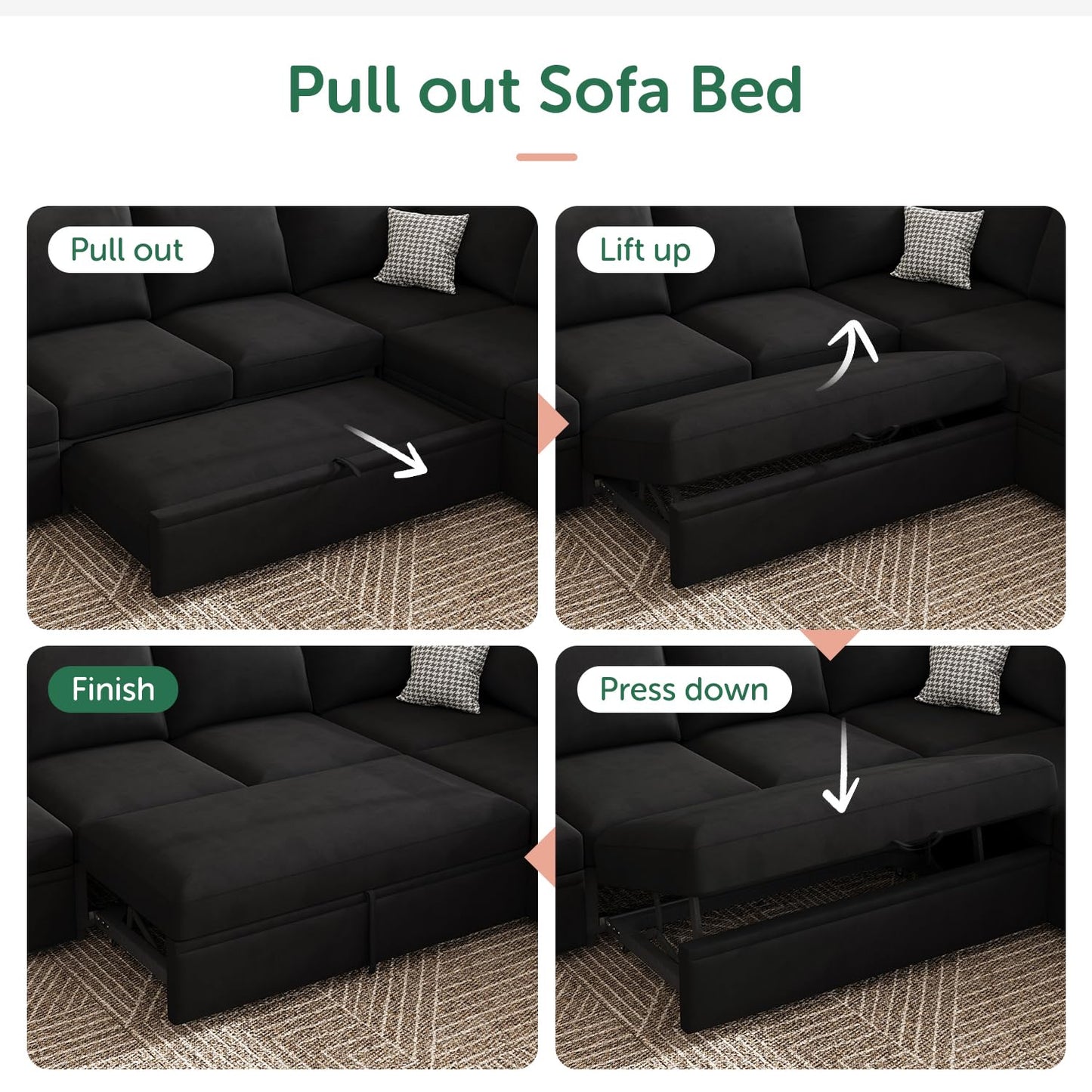 HONBAY Modular Sectional Sleeper Sofa Bed, with Pull Out Bed, Linen Convertible Sectional Couches for Living Room - Black