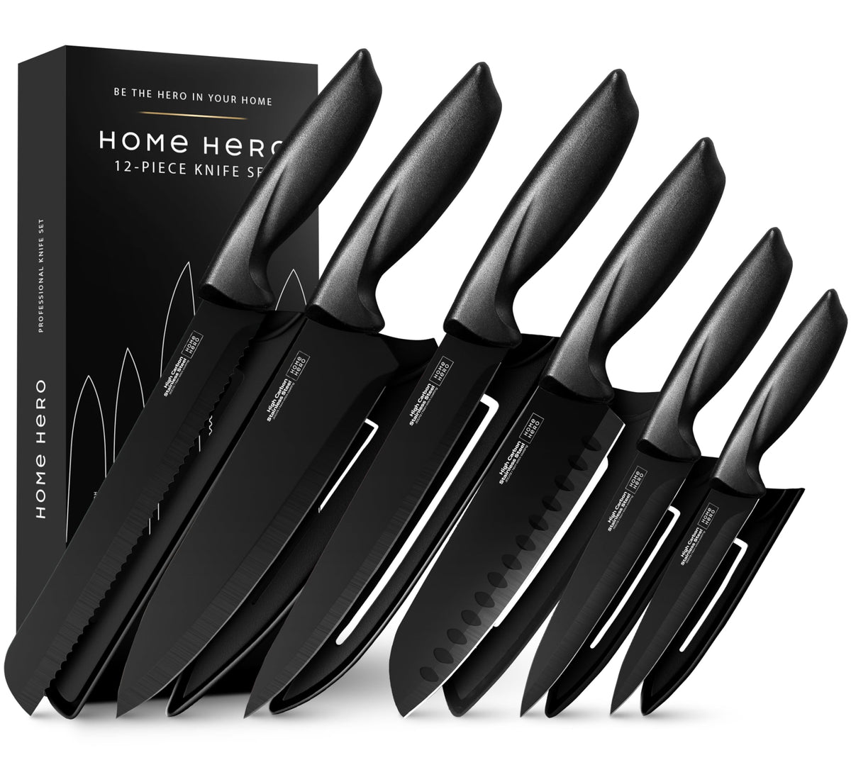 Home Hero High Carbon Stainless Steel Knife Set - Chef Knife Set Precision Slicing & Versatility - Nonstick Ceramic Coated Blades & Easy Cleaning - Ergonomic Handles & Secure Grip - 12-Piece, Black