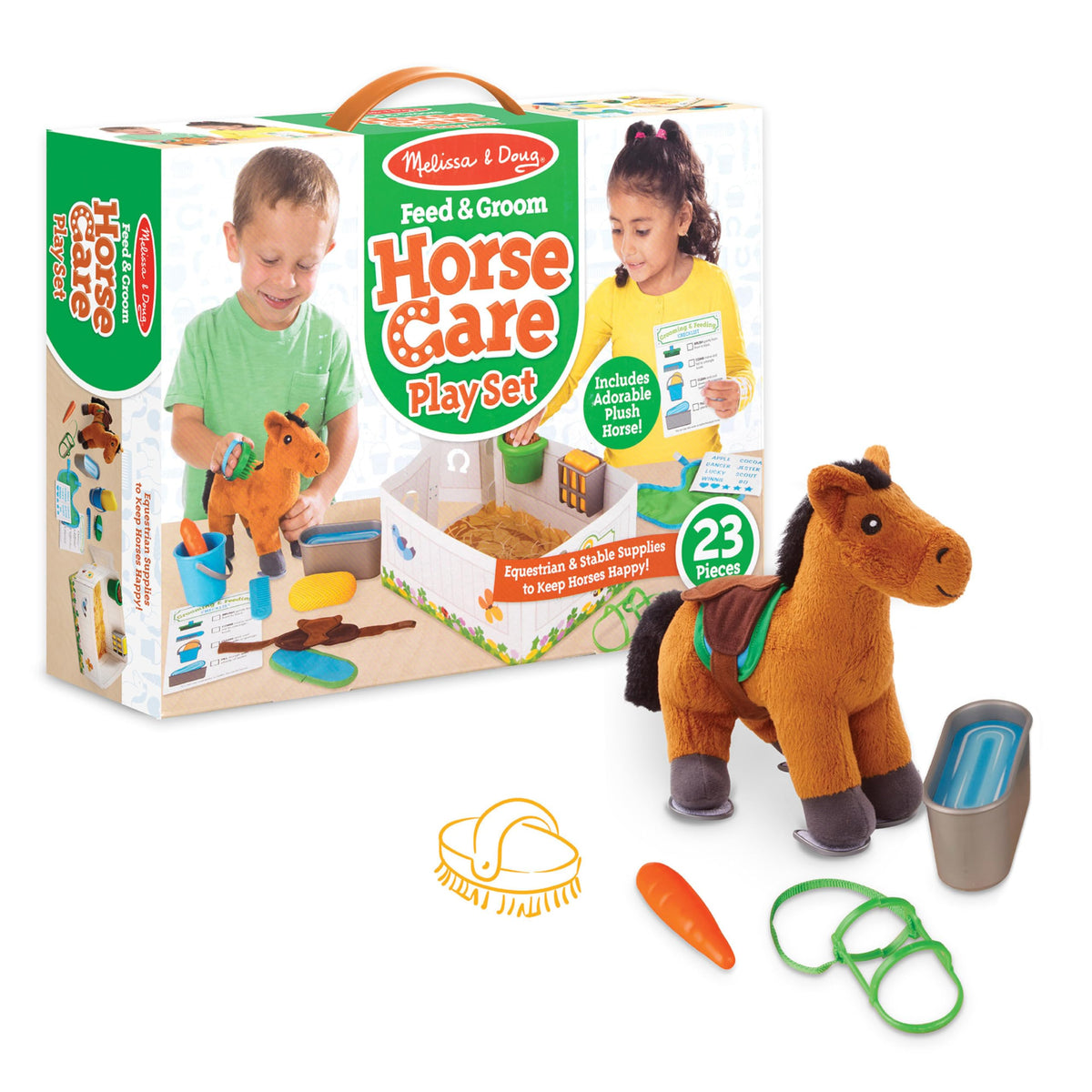 Melissa & Doug Feed & Groom Horse Care Play Set with Plush Stuffed Animal (23 pcs) Pretend Play Horse Plush Toys for Girls and Boys Toddlers Ages 1+