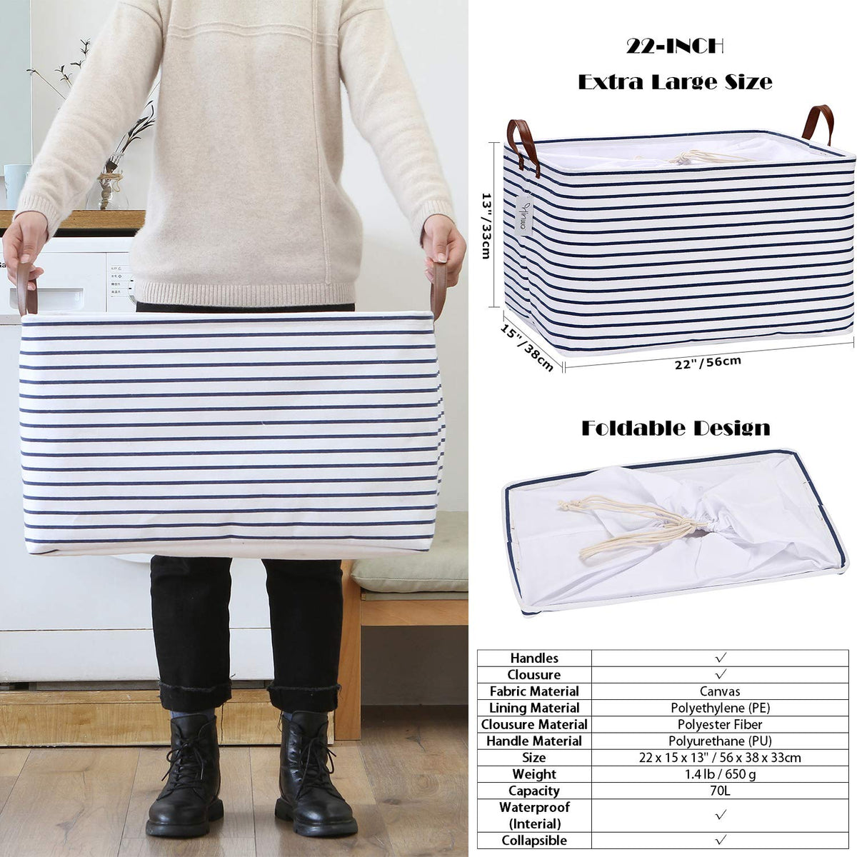 Hinwo 70L Extra Large Storage Bins, 6-Pack Closet Organizers and Storage, Foldable Clothes Storage Baskets with Handles, Containers for Clothing, Blanket, Comforters, Toys, Bedding (White)