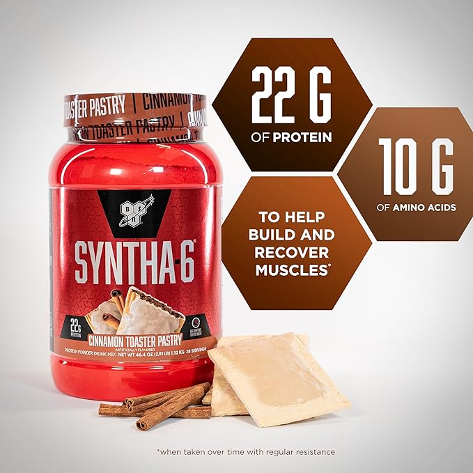 BSN SYNTHA-6 Premium Protein Powder with 6g of Fiber, Whey Protein, Micellar Casein, Milk Protein Isolate Blend, 5g Fat, Cinnamon Toaster Pastry, 28 Servings (Packaging May Vary)
