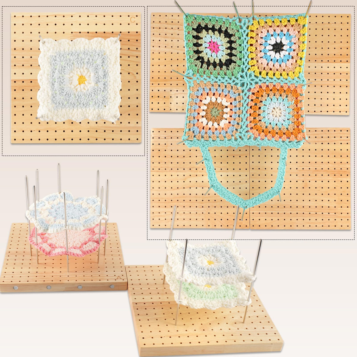 Svartur 4 Pcs (Total 17") Expandable Crochet Blocking Board with Magnetic Interior Edges, 40 Pegs, Large Blocking Boards for Crochet Projects with Pegs, Granny Square Blocking Mat Board