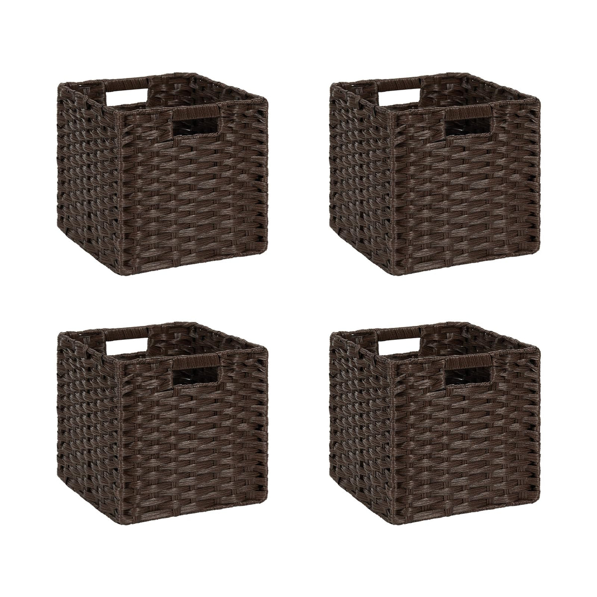 DULLEMELO Wicker Storage Baskets 11x11 Cube Storage Bins for Organizing Plastic Woven Baskets Set of 4 Waterproof Wowen Storage Cube Organizer for Pantry Closet Set of 4 - Deep Coffee
