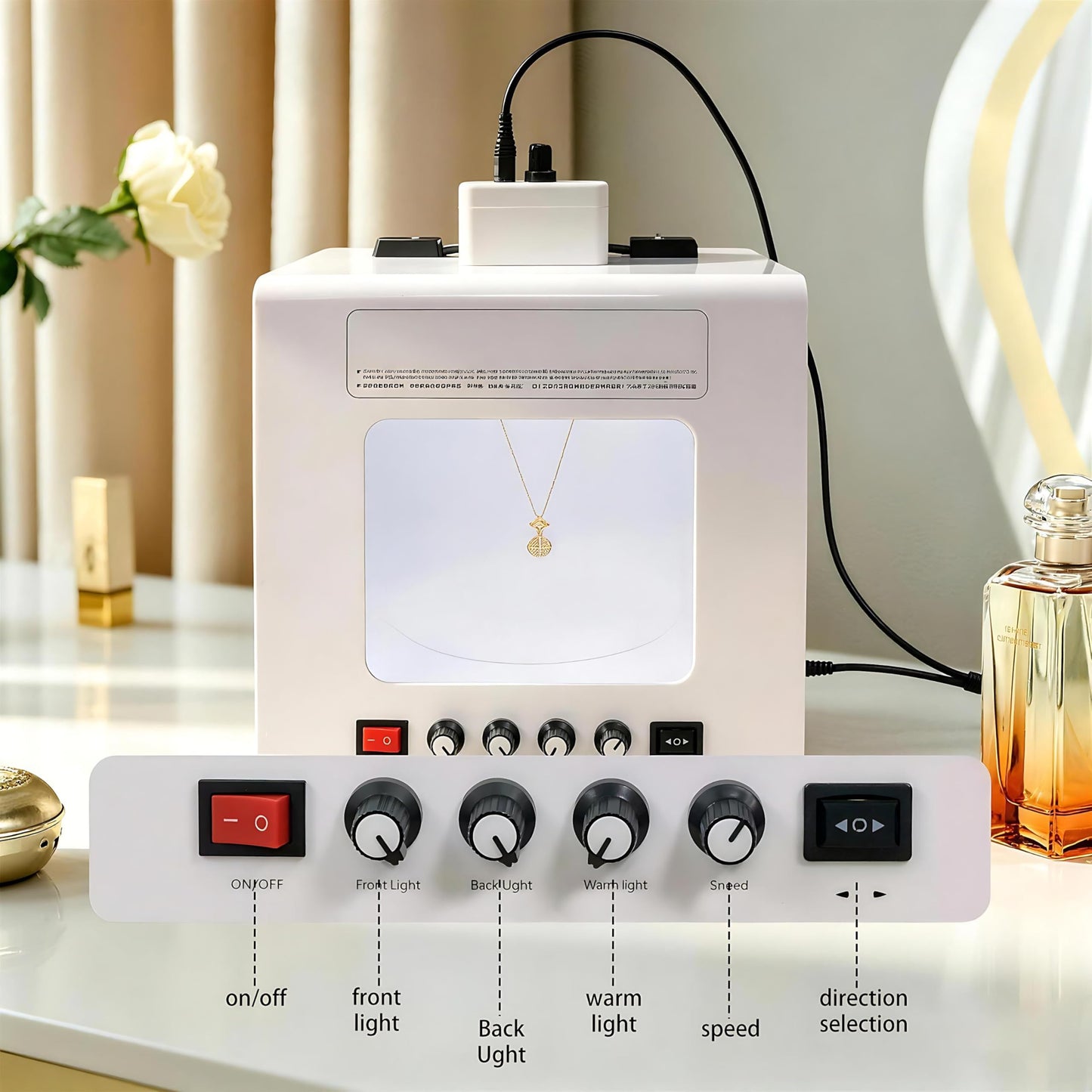 QIUNAOZI Adjustable Turntable Premium Photo Studio, Jewelry Photography Light Box with Turntable, Turntable Diameter 11/15cm, 4pcs Fill Lights, Hanging Bracket, for Jewelry, Small Items Black-TB30