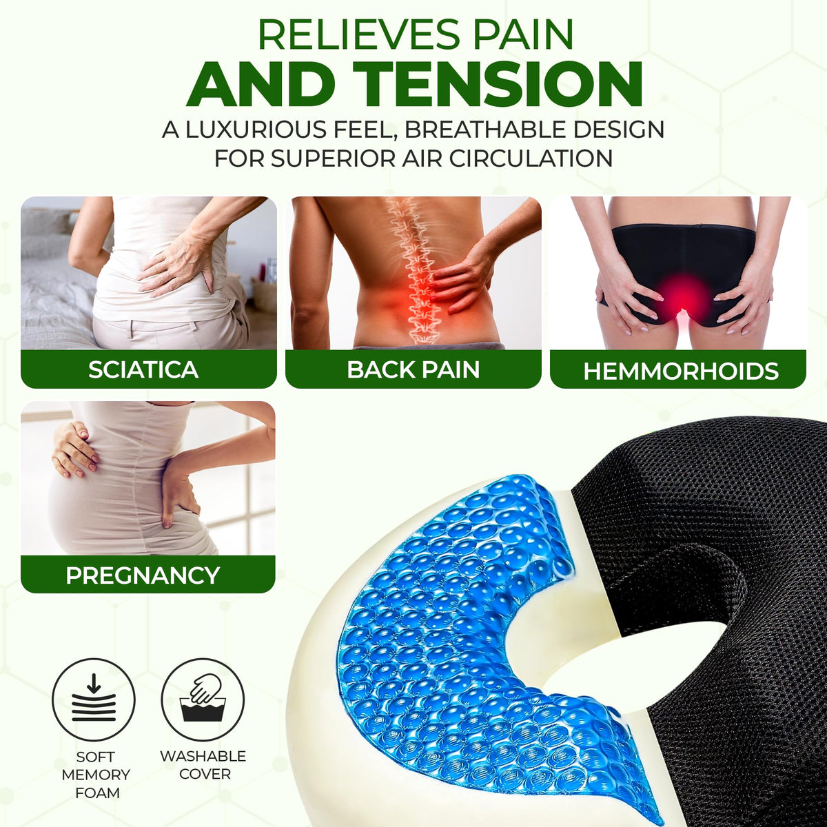 AnboCare Donut Gel Sitting Pillow - Orthopedic Memory Foam for Tailbone Pain, Hemorrhoid, Bed Sores, Postpartum, Prostate, Coccyx & Sciatica Pain