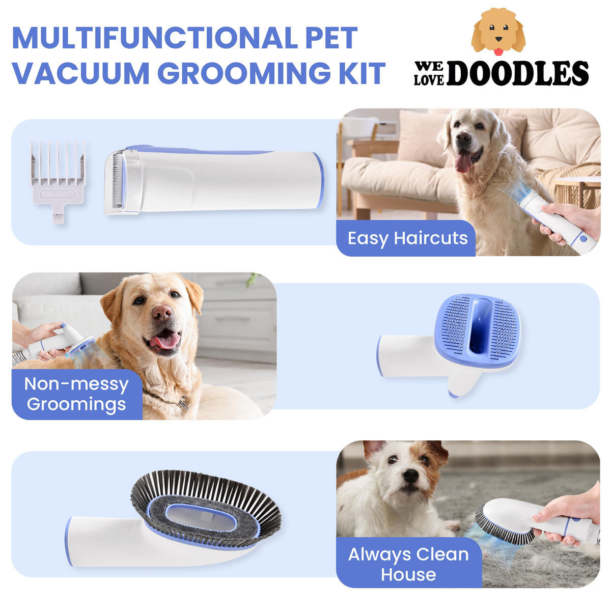 We Love Doodles 11-in-1 Dog Grooming Vacuum - Professional-Grade Dog Clippers, Lightweight Pet Vacuum Grooming Kit for Dogs at Home, for Long Hair & Non Shedding Dogs, Goldendoodles & Poodles