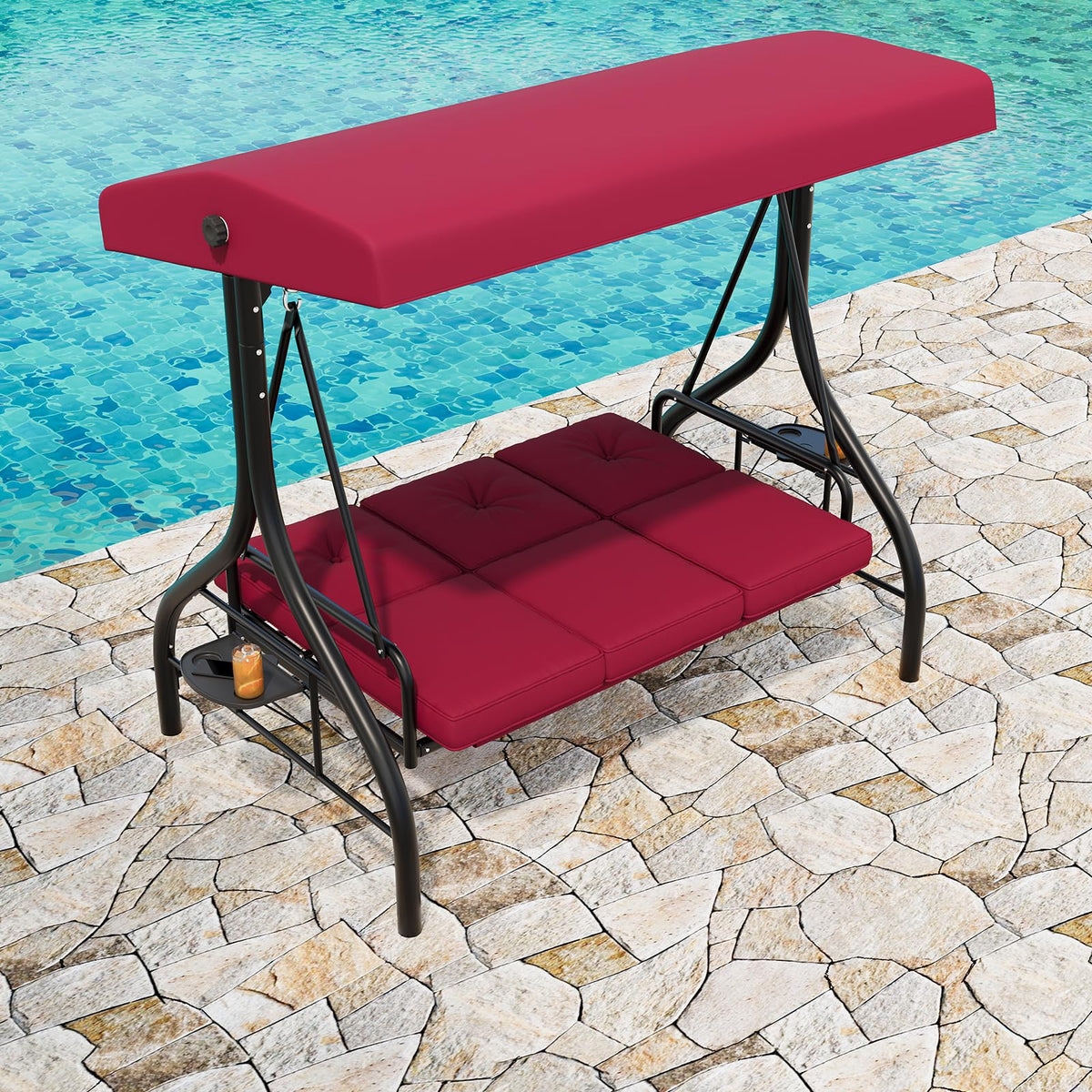 GarveeLife 3-Seat Outdoor Porch Swing with Adjustable Canopy, Convertible Patio Swing Bed with Stand, Thick Cushions & Cup Holders, Weather-Resistant for Backyard, Garden, Porch - Red