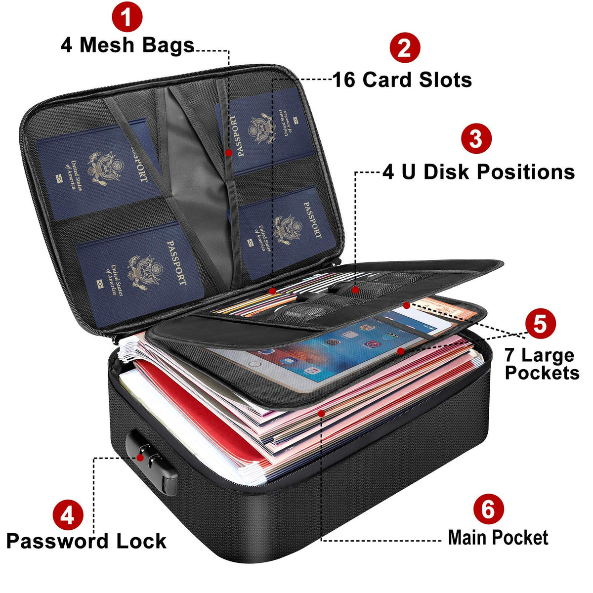 DocSafe Document Bag with Lock,Fireproof 3-Layer File Storage Case with Water-Resistant Zipper,Document Safe Portable Travel Home Organizer Bag for Laptop,Files,Certificates,Gifts for Him,Black