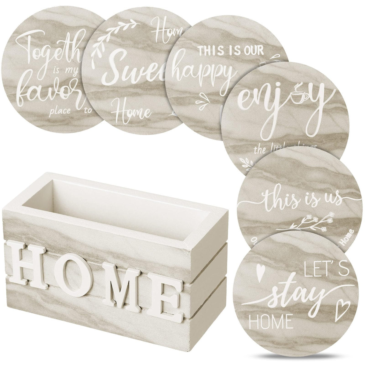 Queekay Coasters Set of 6 House Warming Gifts New Home Wooden Farmhouse Drink Coasters with Holder 4'' Funny Decoration for Kitchen Family Coffee Bar Tabletop Protection(Brown Marble)