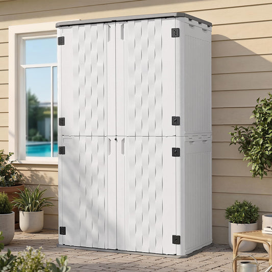 UDPATIO 67 Cu.Ft Resin Outdoor Storage Shed, Patio Plastic Vertical Sheds with Floor, Waterproof Bin Shed Horizontal Storage Cabinet for Patio, Backyards, Garden, Pool, Tool Shed