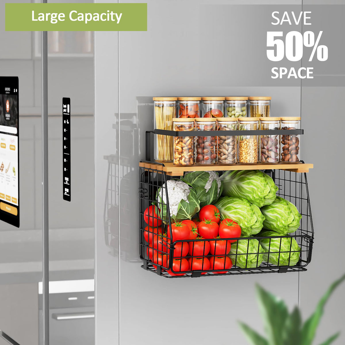 GGIU Magnetic Shelf for Fridge with Lid: 2 Pack Fruit Potato and Onion Storage Bin - Magnetic Spice Rack for Refrigerator & Kitchen Counter - Pantry Organizers and Storage