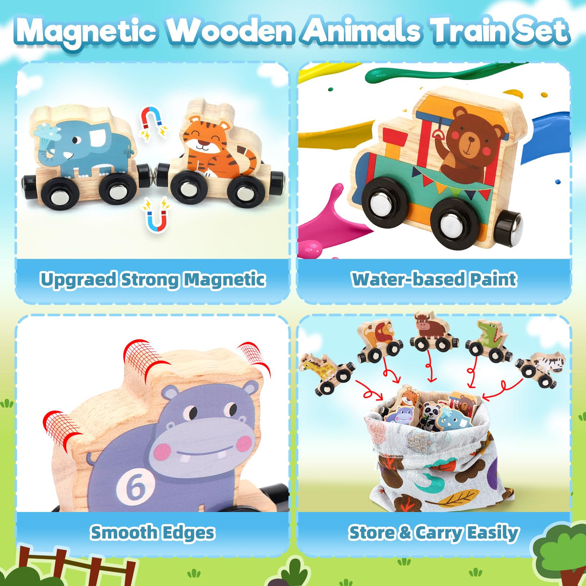 Toys for 1 2 3 Year Old Boys Girls, Montessori Toys Magnetic Wooden Train Set Gifts for 2-3-4 Year Old Boy Girl Educational Toddler Toy Birthday Presents Age 1+ Kids Animal Farm Games with Track Mat