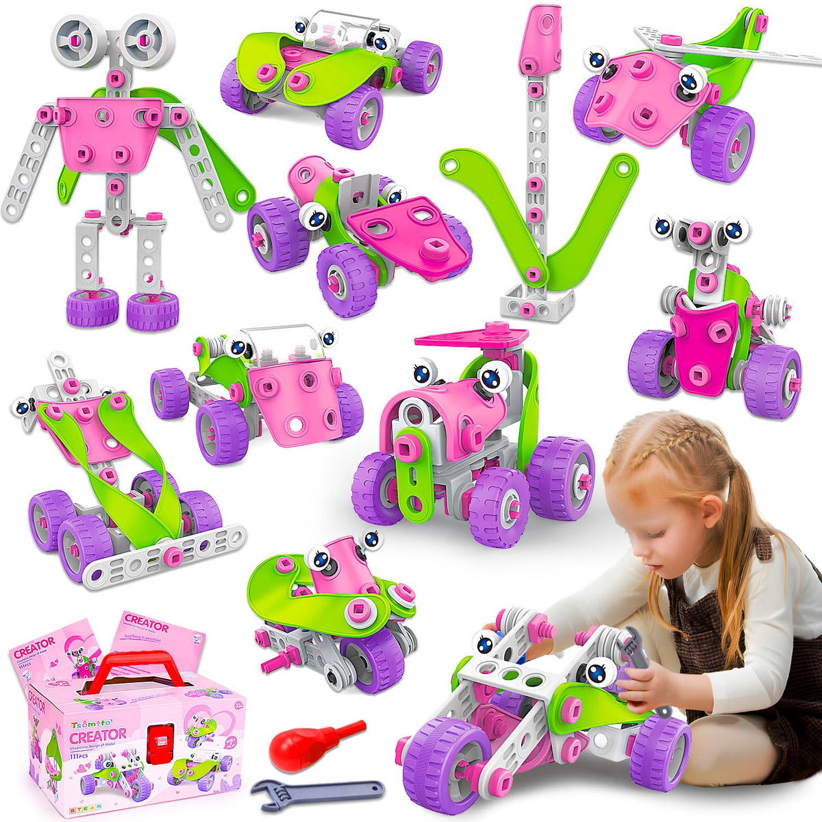 STEM Toys for 4 5 6 7 8+ Year Old Girl Birthday Gifts Pink Educational Building Toys for Kids Ages 4-8 5-7 8-10 Stem Activities Construction Toy for Girls 4-6 6-8 Creative Games Holiday Idea Gift