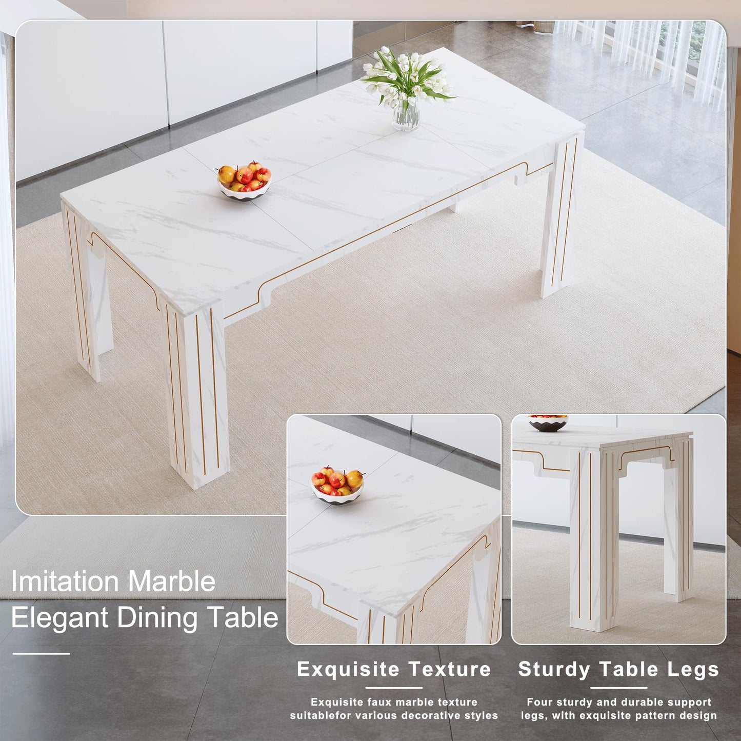 KEIKI 9-Piece Dining Table Set, 71" White Faux Marble Kitchen Table with 8 Light Gray PU Leather Chairs, Modern Dining Room Set with Silver Metal Legs, Large Rectangular Table for Home, Restaurant