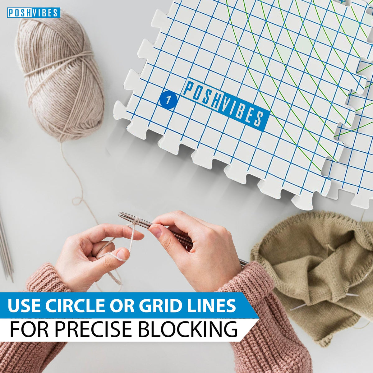 POSHVIBES 9 Extra Thick Blocking Mats for Knitting & Crochet Projects - Pack of 9 with 200 T-Pins, Reusable Storage Bag, 12.6x12.6x0.7 Inches - Gift for Knitting Lovers