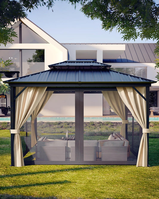 GarveeLife 10 ft x12 ft Hardtop Gazebo for All Weather, with Double Metal Roof, Aluminum Alloy Frame, Net, and Curtain, Permanent Building for Patio, Deck, Backyard, Lawn, and Garden