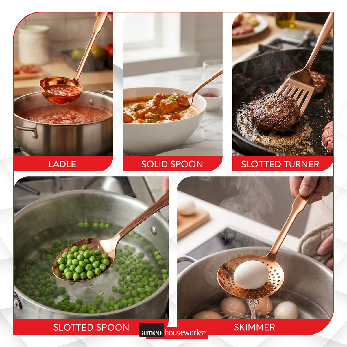 Amco 5-Piece Stainless Steel Cooking Utensil Set, Copper Finish - Includes Kitchen Ladle, Slotted Turner, Skimmer, Solid Spoons - 14" with Hanging Holes for Easy Storage, Durable Kitchen Gadgets