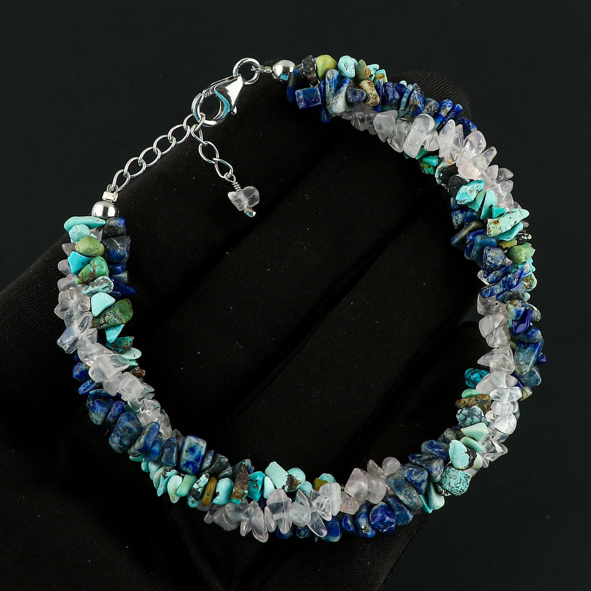 CRYSTALIS Natural Turquoise & Lapis Lazuli & Rose Quartz Beads Braided Rope Crystals Bracelet, Chips Nugget Beaded Gemstones, Chakra Healing Stones, Womens Jewelry, 925 Sterling Silver Bracelet 8 inch