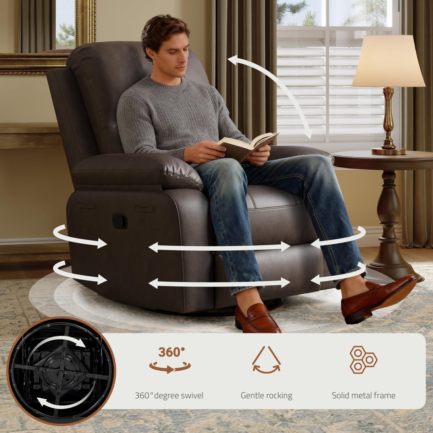 Attalee Leather Swivel Rocker Recliner Chair, Traditional Manual Chair, Upholstered Nursery Glider Rocking Recliner, Comfy Faux Leather Single Sofa with Pocket Spring for Living Room, Dark Brown