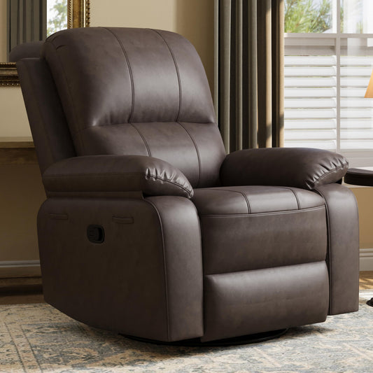 Attalee Leather Swivel Rocker Recliner Chair, Traditional Manual Chair, Upholstered Nursery Glider Rocking Recliner, Comfy Faux Leather Single Sofa with Pocket Spring for Living Room, Dark Brown