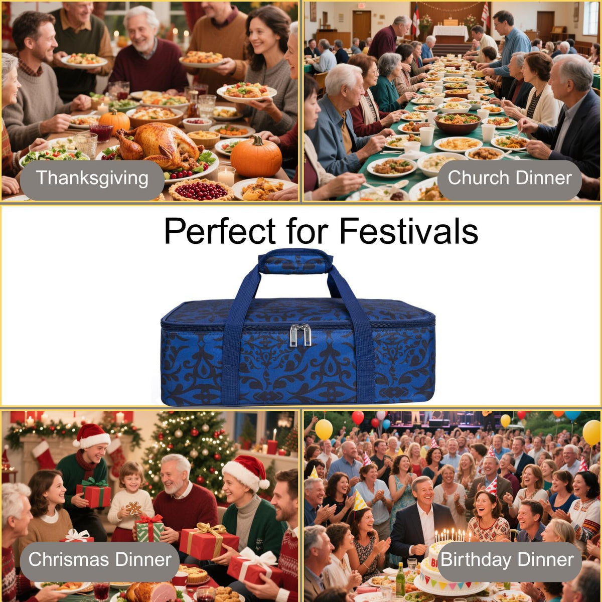 Skiennix Insulated Casserole Carrier Bag - Portable Tote for Hot/Cold Food | Fits 9x13" Dish - Blue/Black