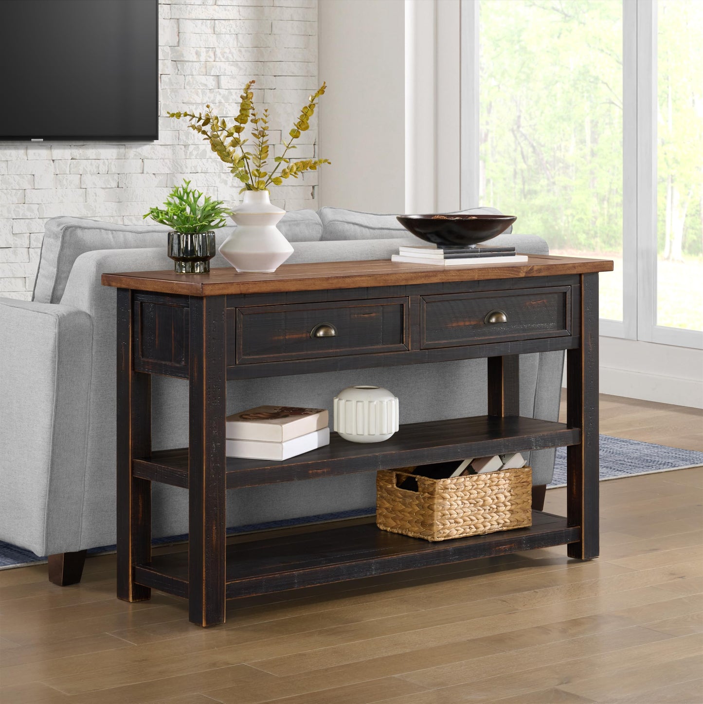 Martin Svensson Home Monterey Solid Wood Sofa Console Table, Black and Honey Brown