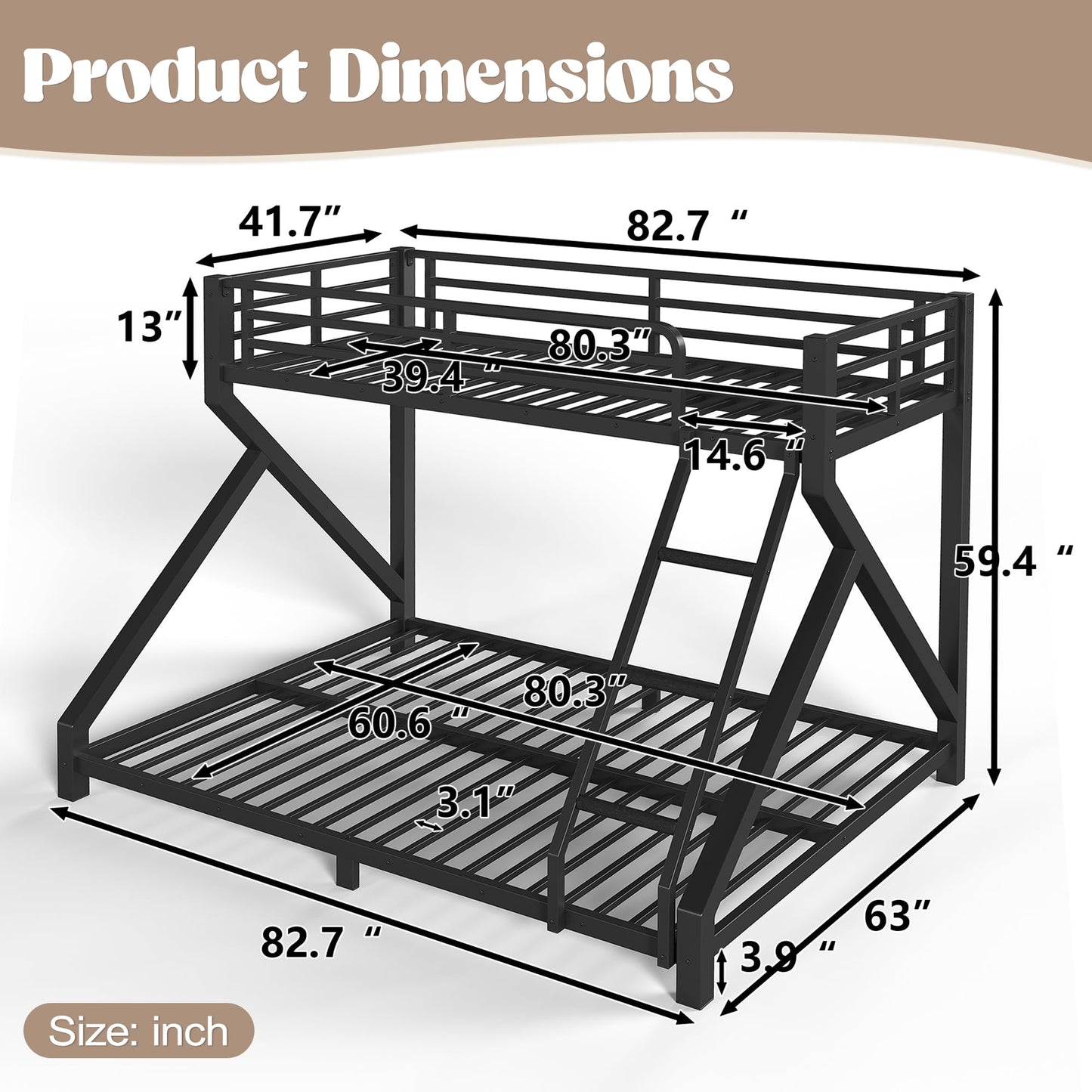 KEIKI Twin XL Over Queen Size Metal Bunk Bed Frame with Ladder & Guardrails, for Teens, Low Profile Design Modern Bunk Bed with Solid Slats, No Box Spring Required, Easy Assembly, for Bedroom, Black
