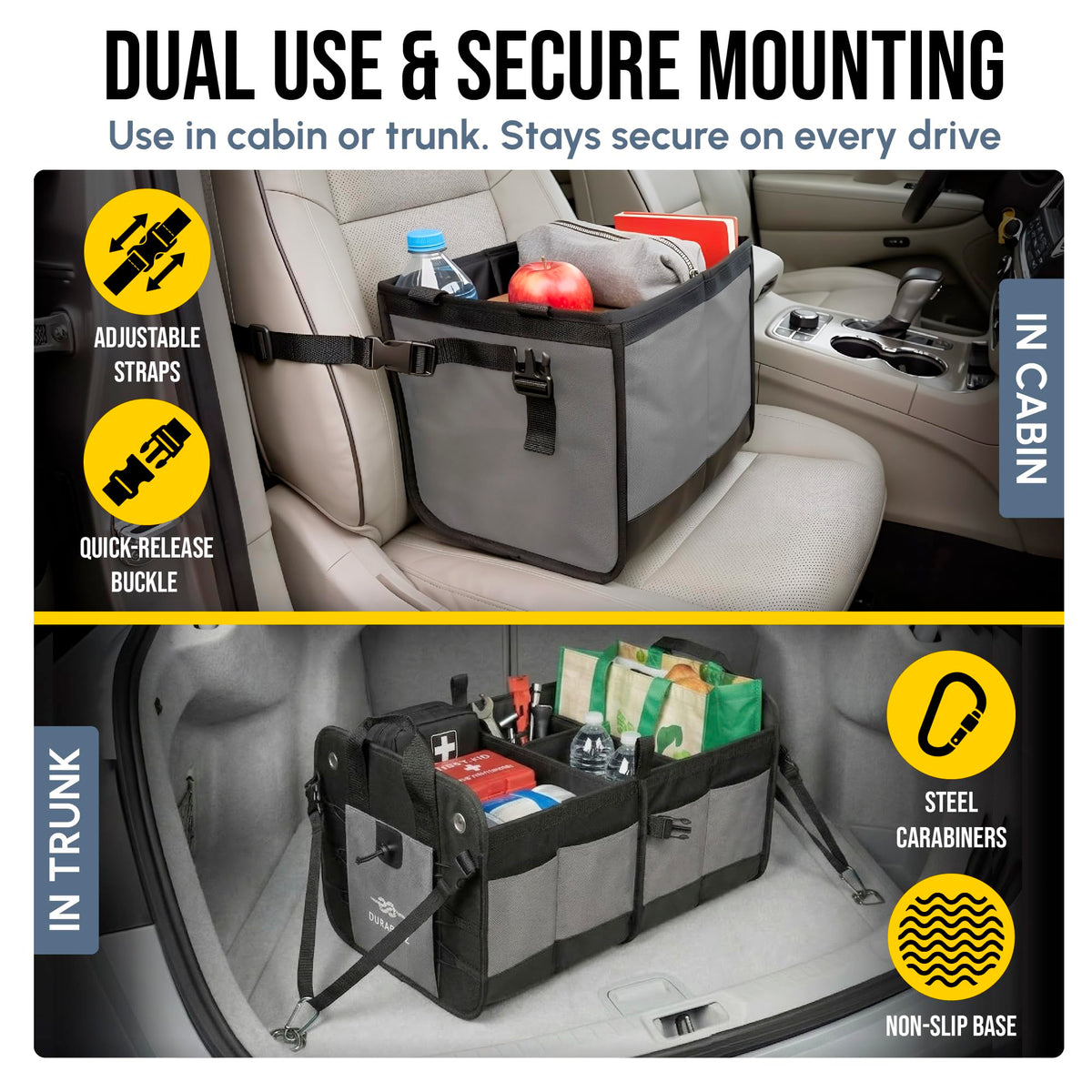 DURABLEZ Modular 4-Section XL Trunk Organizer – Car Storage for Groceries, Tools, Sports Gear, Emergency Kits – Extra Large Multi-Compartment Cargo Box, Collapsible & Heavy Duty – Gray