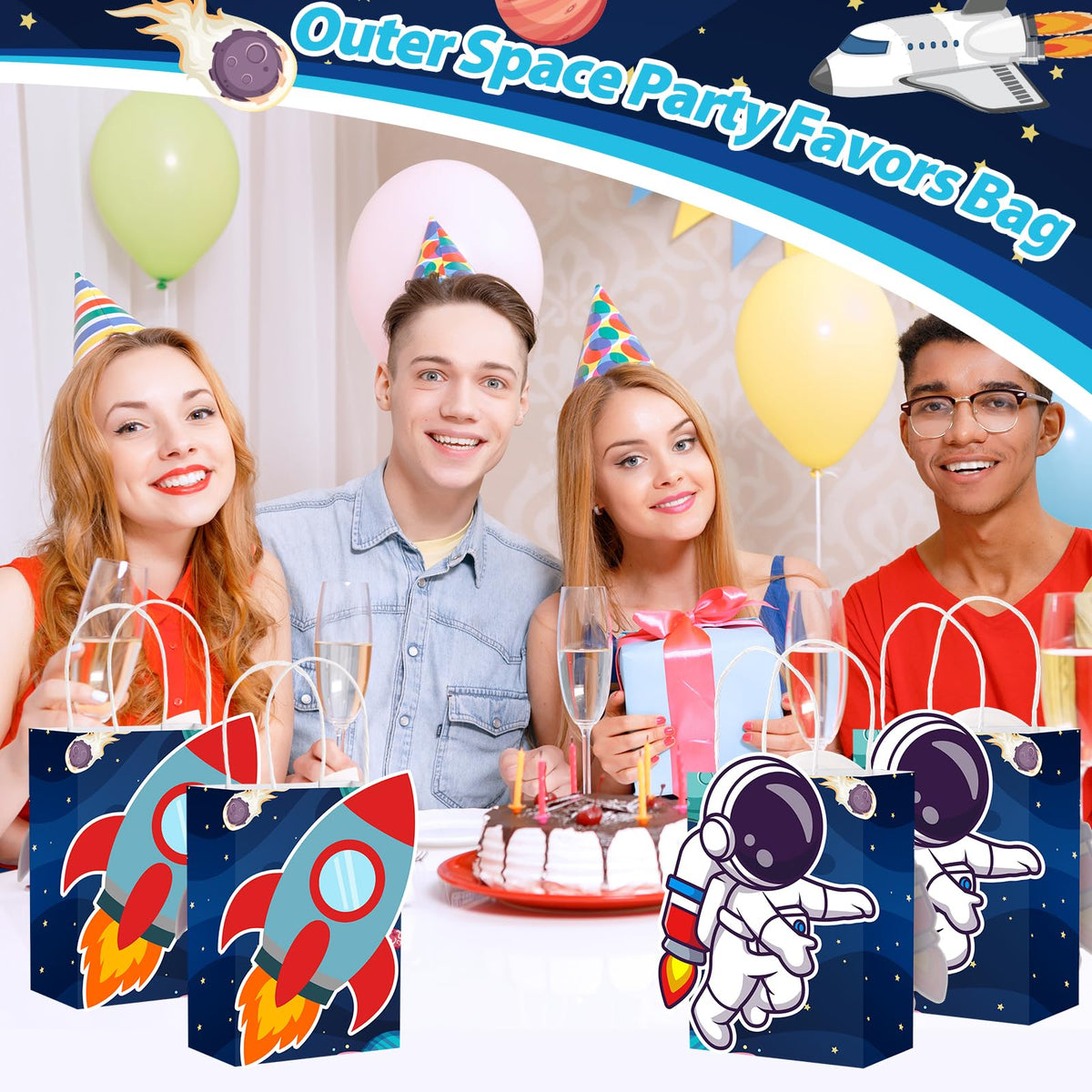 MotiMind 16 Pcs Outer Space Party Favor Bags with Handles Astronaut Gift Bags for Galaxy Space Theme Party Supplies