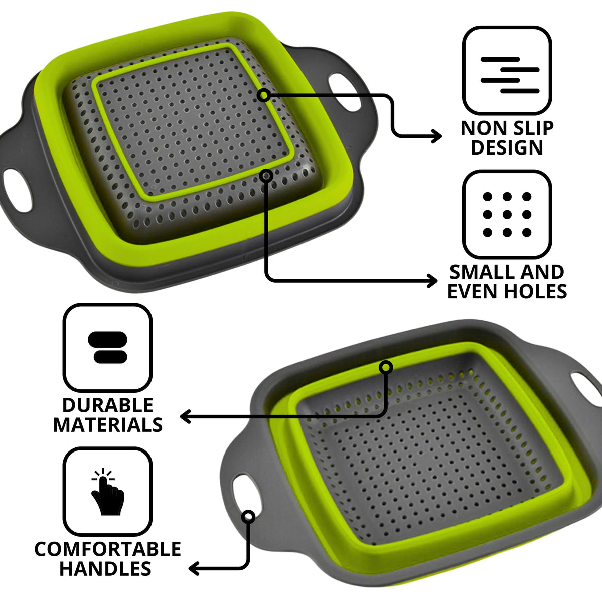 Square Collapsible Colander with Handles – Green Square Silicone Kitchen Strainers with Plastic Handles Foldable Kitchen Strainer Perfect for Draining Pasta Vegetable and Fruit Green