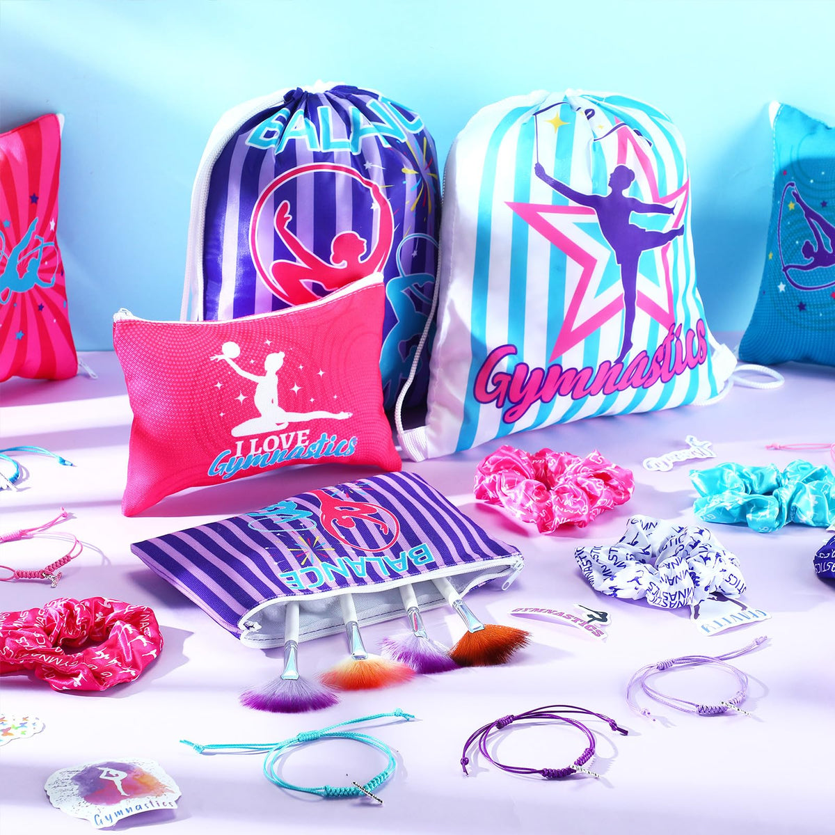 Abbylike 49 Pcs Gymnastics Party Favor Set 12 Makeup Bag 12 Bracelet 12 Drawstring Backpack 12 Hair Ties 1 Set Gymnastic Stickers for Women Girl Gym Sport Yoga