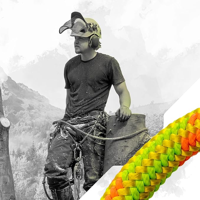 Pelican Rope Arborist Rope 11.8mm x 120Ft, USA Made High-Strength 24-Strands Static Climbing Rope - 5,400 lb Strength for Tree Climbing, Pulling, Outdoors & Swing - Yellow, Tight Spliced Eye
