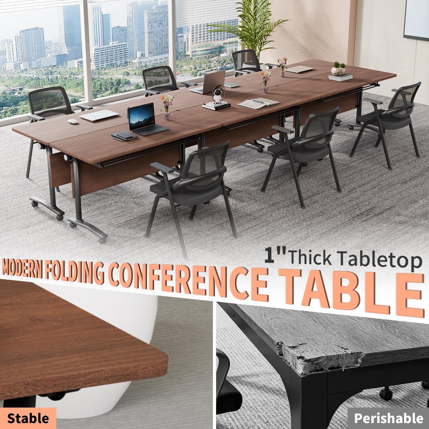 JNMDLAKO Modular Folding Conference Table with Locking Wheels, 10 Pack Flip Top Mobile Training Table, Modern Meeting Seminar Tables for Office, Hotel Conference Room(10,Walnut,55" L x 21" W x 29" H)