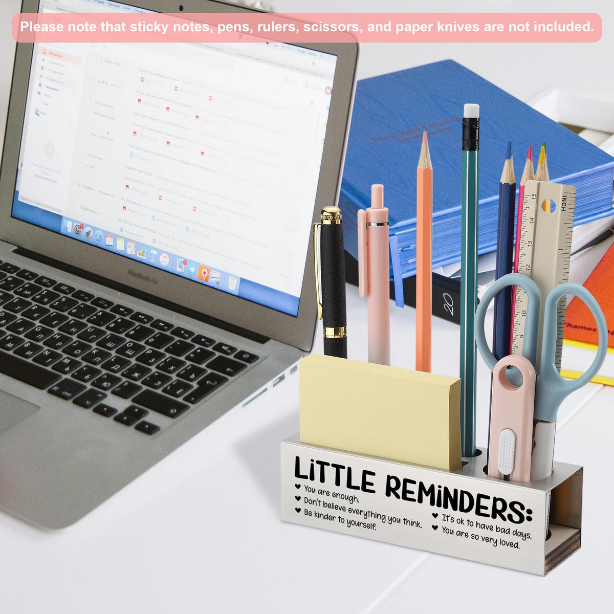 Inspirational Pencil Holder Desk Organizer with Little Reminders, Stainless Steel Office Supply Caddy for Women Men, Positive Message Teacher Coworker Gift, Laser Engraved Classroom Decor - FBA400