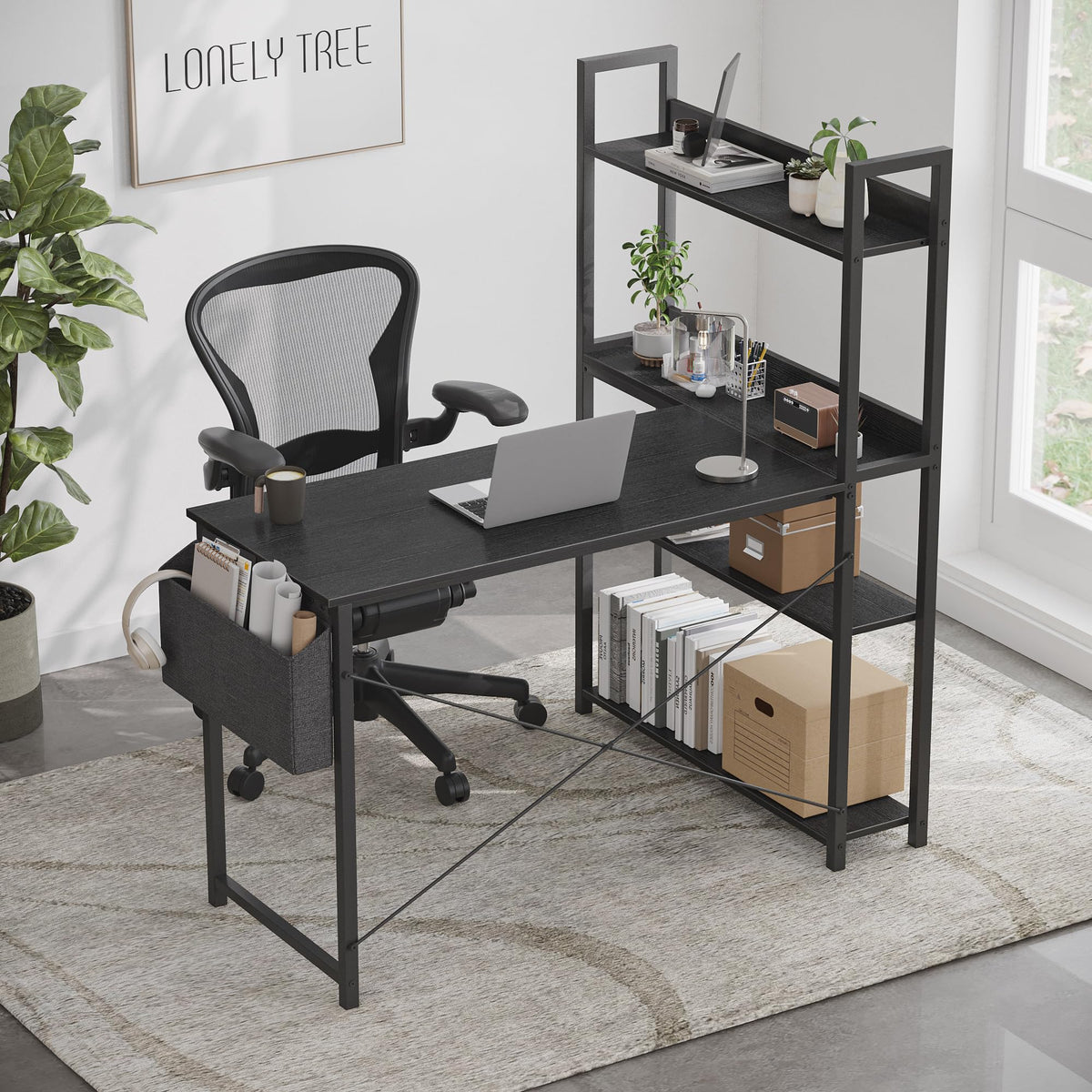 Treesland 55 Inch Small L Shaped Desk, Corner Desk with Bookshelf, Home Office Desk, Writing Study Desk for Bedroom, Black