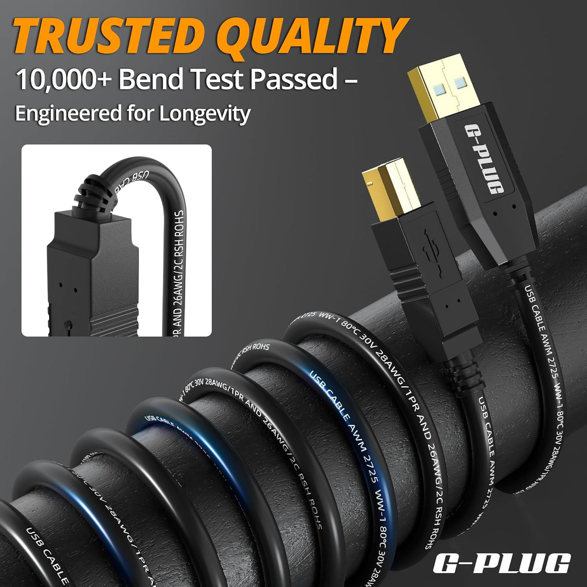 2.0 10FT G-PLUG USB Printer Cable High-Speed USB A to B Cord, Compatible with Printers, Scanners, Fax Machines and More