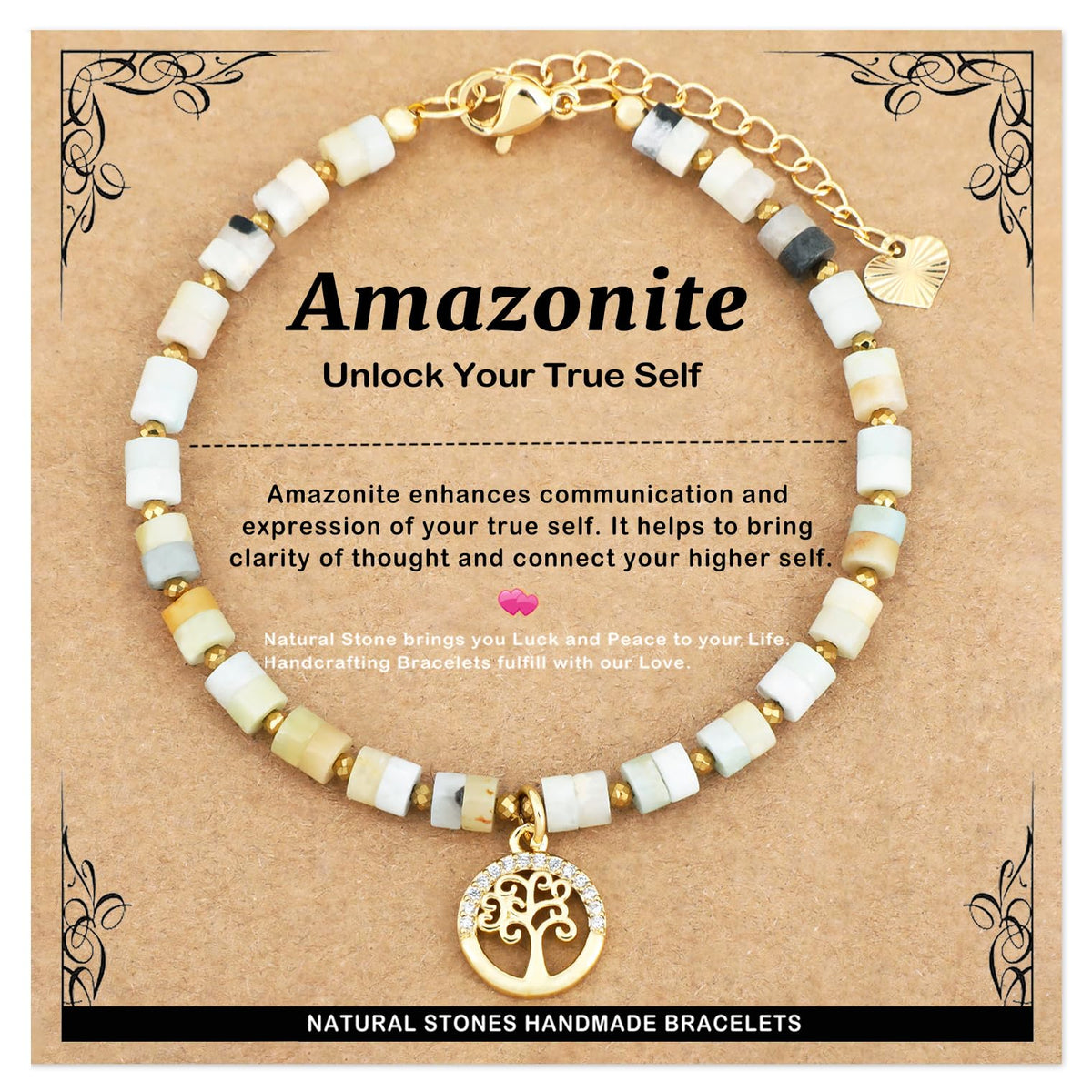 Natural Gemstone Healing Crystal Multicolor Amazonite Dainty Charms Tree of Life Bracelet Adjustable Chain Extender Minimalist Jewelry
