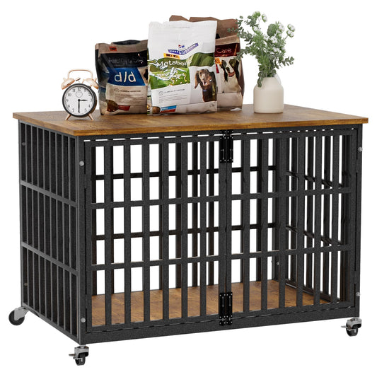48 Inch Dog Crate Furniture, Heavy Duty Wooden Dog Kennel for Large Dogs, Chew Proof & Escape-Proof Indoor Dog Cage with TV Stand, for Anxious Dogs, Black Brown Cabinet