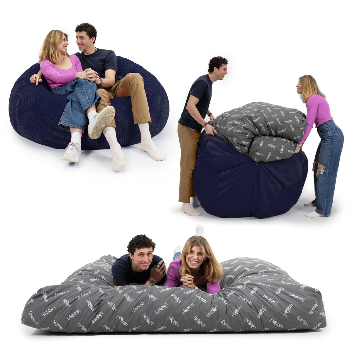 CordaRoy's Plush Bean Bag - Convertible Bean Bag Chair - Machine-Washable Plush Fabric Cover - for Basement, Living Room, Game Room, Dorm & More - Queen Size - Indigo | Made in The USA