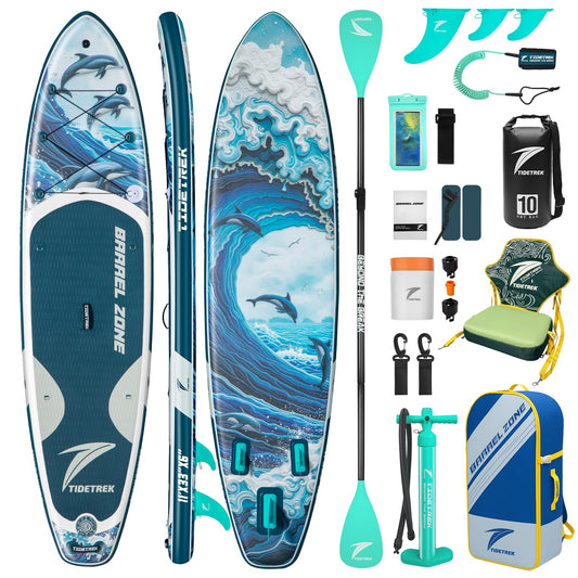 TIDETREK 11'/11'6" x 33"/34" x 6" Inflatable SUP Paddle Board – Extra-Wide, Stable Stand Up Paddle Board with Premium Full Accessory Set for Adults & Youth (Ocean Spirit/Kayak Seat, 11'x33 x6)