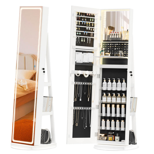 TJYGO Mirror Jewelry Cabinet Standing, Jewelry Armoire with Full-Length LED Mirror and Adjustable Lights, 360° Swivel Jewelry Organizer Storage, Upgrade White