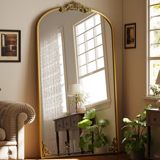 Easly Arched Full Length Mirror, 44"x 72" Large Full Body Mirror with Vintage Carved Metal Frame for HomeDecor, Oversized Floor Mirror for Wall for Bedroom, Living Room, Cloakroom, Gold, Retro Style