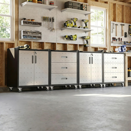 VIYET 4-Pack Rolling Garage Tool Cabinet,Heavy Duty Steel Rolling Tool Chest with Lockable Doors & Adjustable Shelves,Mobile Workshop Storage Cart for Garage Organization,Black/Grey