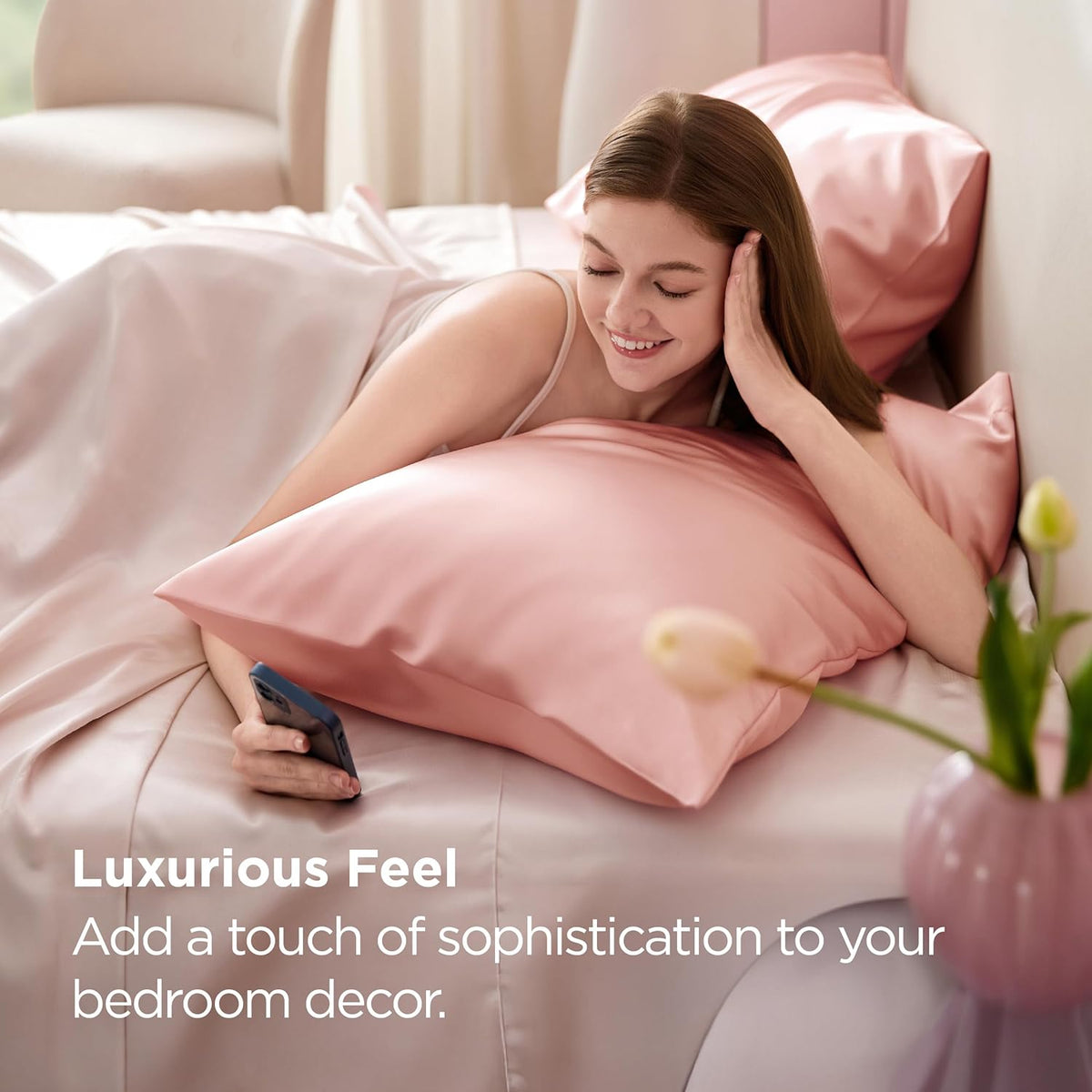Bedsure King Size Satin Pillowcase Set - Peach Pink Silky Pillow Cases for Hair & Skin | 20x36 Inches, 2-Pack