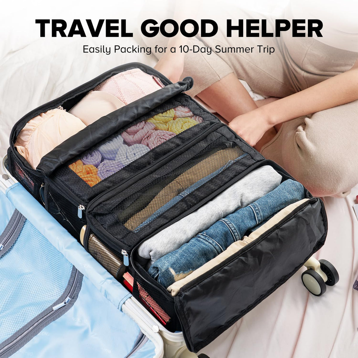 Vokelater Suitcase Organizer - Travel Luggage Organizer with Hanging Shelves & Packing Cubes - Collapsible, Portable, Carry-on, Medium, Black