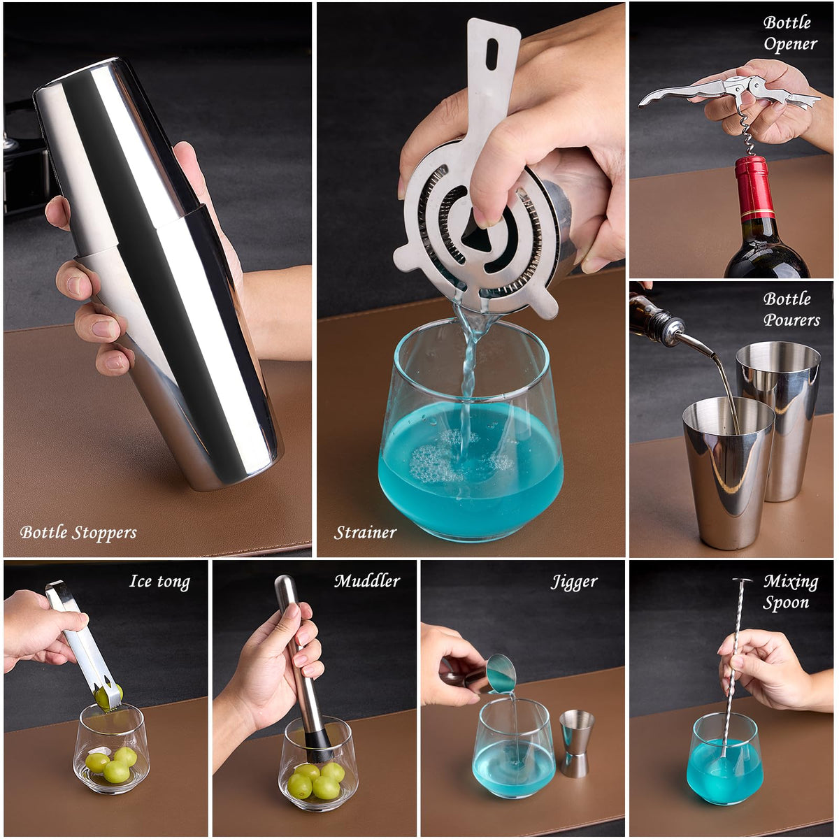 Cocktail Shaker Set Bartender Kit : 15-Piece Bar Tool Set with Acrylic Stand Bars Set with All Practical Bar Accessories, for Drink Mixing, Bar, Home, Lounge & Party, Silver