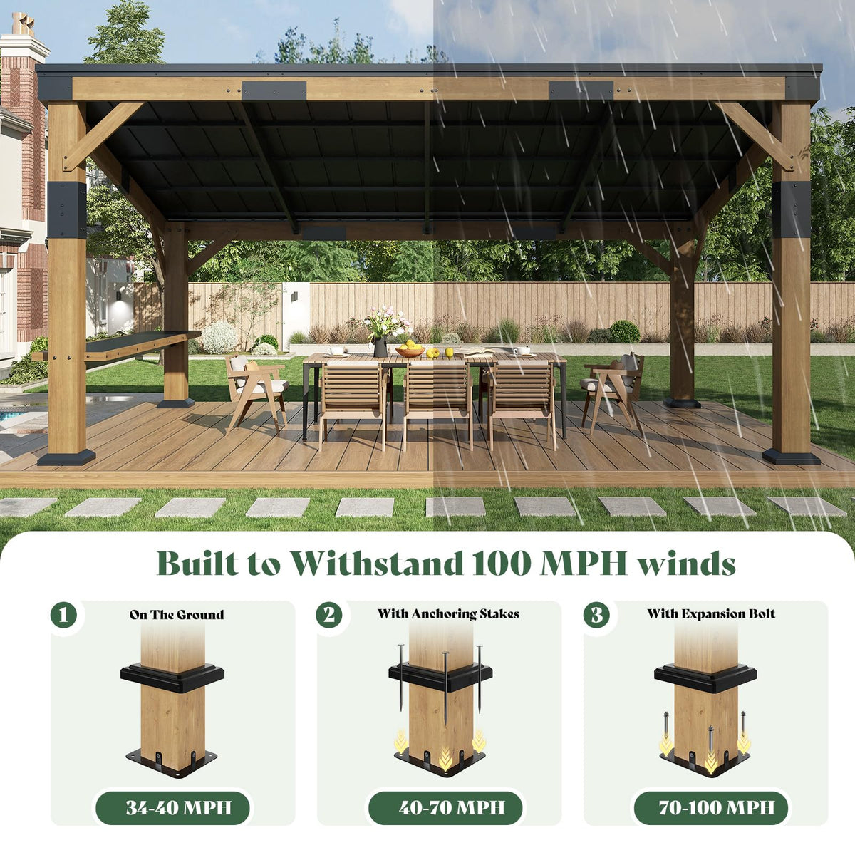 AMERLIFE 10x14 FT Spruce Wood Grill Gazebo with Bar Shelf, Hardtop BBQ Pavilion with Sloped Galvanized Steel Roof, Lean-to Outdoor Pergola for Deck, Backyard, Garden